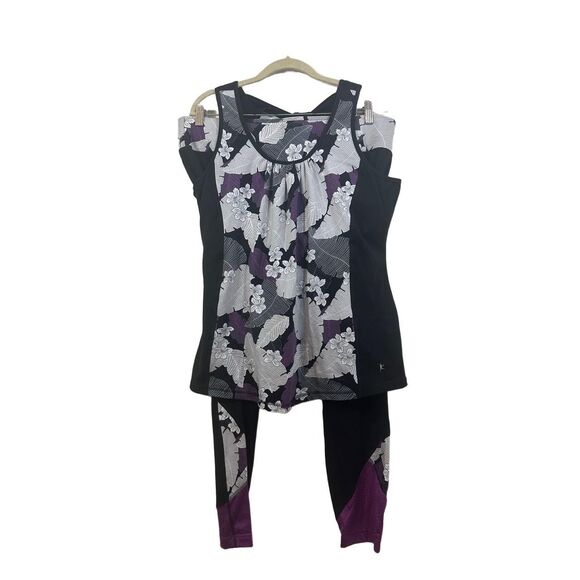 DANSKIN NOW Activewear Set Size 2X Black Purple Floral Criss Cross Tank Leggings - Picture 1 of 15
